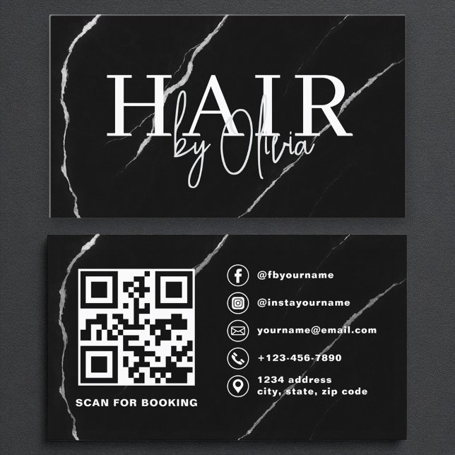 QR Code Hair Stylist Silver Black Marble Business Card (Creator Uploaded)