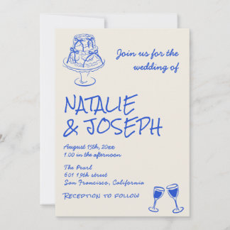 QR Code Hand Drawn Blue Cake Bows Unique Wedding  Invitation