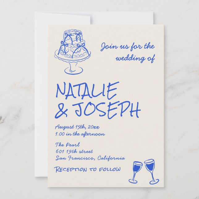 QR Code Hand Drawn Blue Cake Bows Unique Wedding  Invitation (Front)