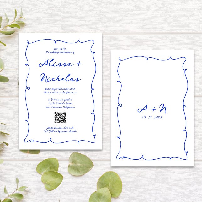 QR Code Hand Drawn Bright Blue Monogram Wedding Invitation (Creator Uploaded)
