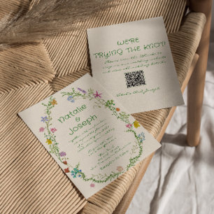 QR Code Hand Drawn Colourful Floral Wreath Wedding Invitation
