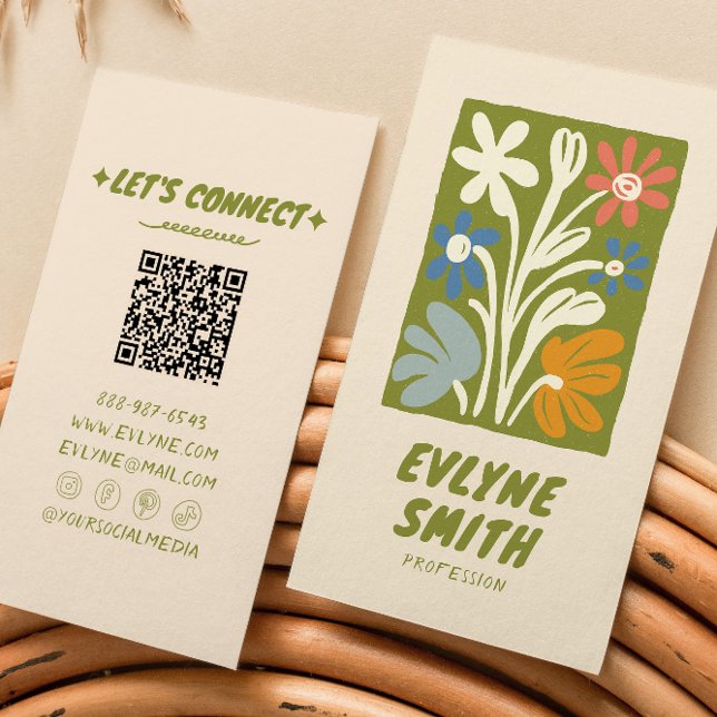 QR Code Hand Drawn Green Bold Retro Funky Floral Business Card (Creator Uploaded)