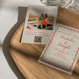 QR Code Hand-Written Colourful Retro Photo Wedding Invitation
