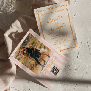QR Code Hand Written Pinstripes Photo Wedding Invitation