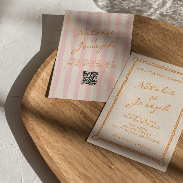 QR Code Hand Written Pinstripes Whimsical Wedding Invitation (Creator Uploaded)