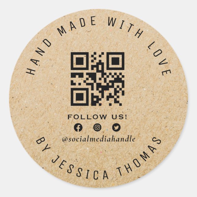 QR Code Handmade kraft business Classic Round Sticker (Front)