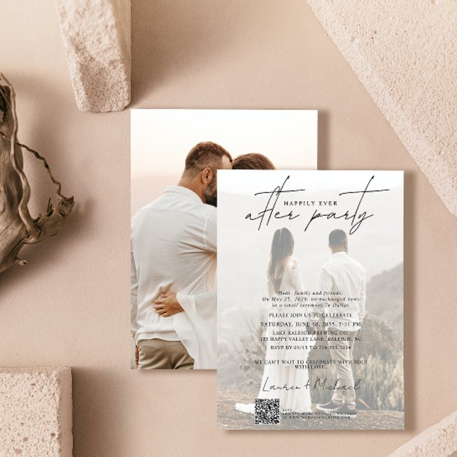 QR Code Happily Ever After Party 2 Photo Announcement (Easily personalize this photo wedding reception invitation with your photo and unique details.)