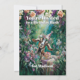 QR code Happy Birthday Nubian Goat Garden Flowers Invitation