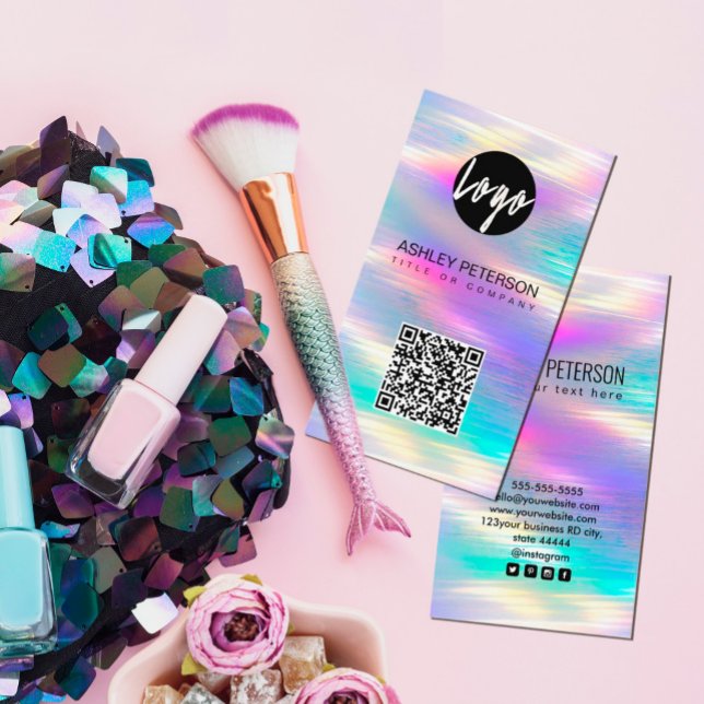 QR Code holographic rainbow | Social Media  Business Card (#zazzlemade #boutiqueshop #logobranding #pinkfuchsiabrightvivid #unicorn #hairstylist #makeupartist)