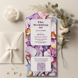 QR Code Hot Pink Fuchsia Watercolor Orchids Weddin All In One Invitation
