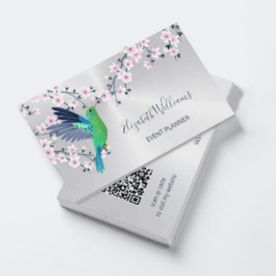 QR Code   Hummingbird Cherry Blossom Silver Business Card