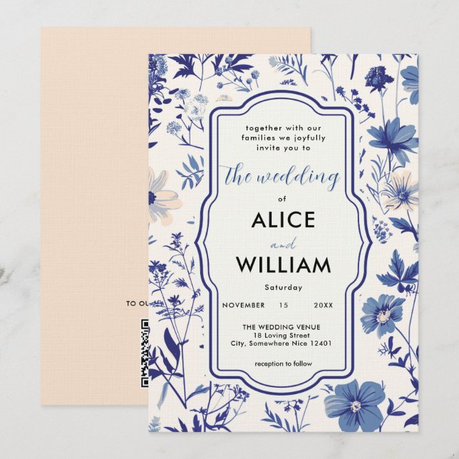 QR code Indigo Blue Wildflower Wedding Invitation (Front/Back)