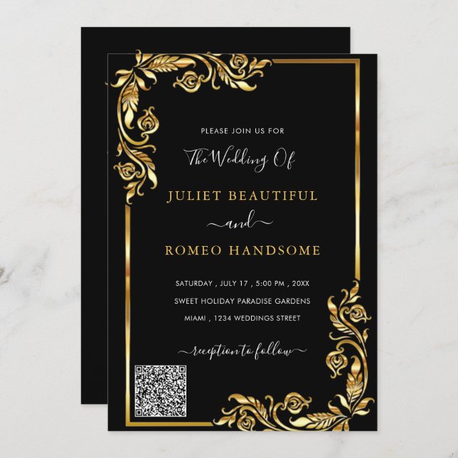 QR Code Info Black Gold Modern Wedding Invitation (Front/Back)