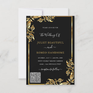 QR Code Info Black Gold Wedding Invitation Card