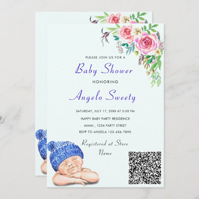 QR Code Info Happy Sleeping Baby Shower Invitation (Front/Back)