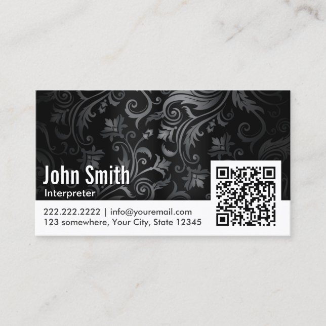 QR Code Interpreter Floral Ornament Business Card (Front)