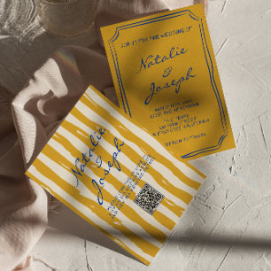 QR Code Italian Hand Written Pinstripes Wedding Invitation