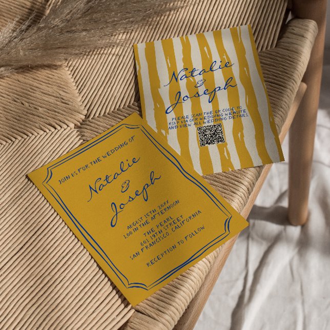 QR Code Italian Hand Written Pinstripes Wedding Invitation (Creator Uploaded)