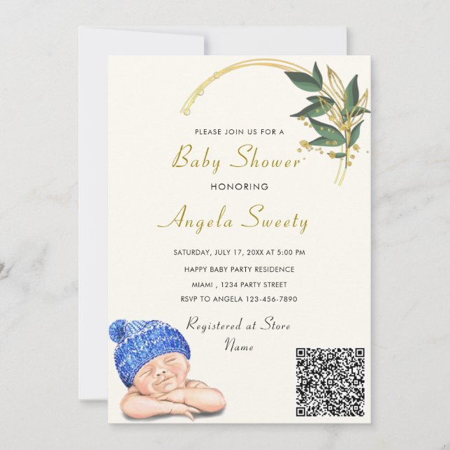 QR Code It's a Boy Sleeping Baby Shower Invitation (Front)