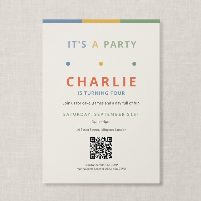 QR Code Its A Party Colourful Kids Birthday Invitation (Color Pop - It's a Party QR Code Birthday Invitation)