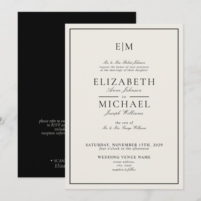 QR Code Ivory Black Classic Monogram Wedding Invitation (Front/Back)