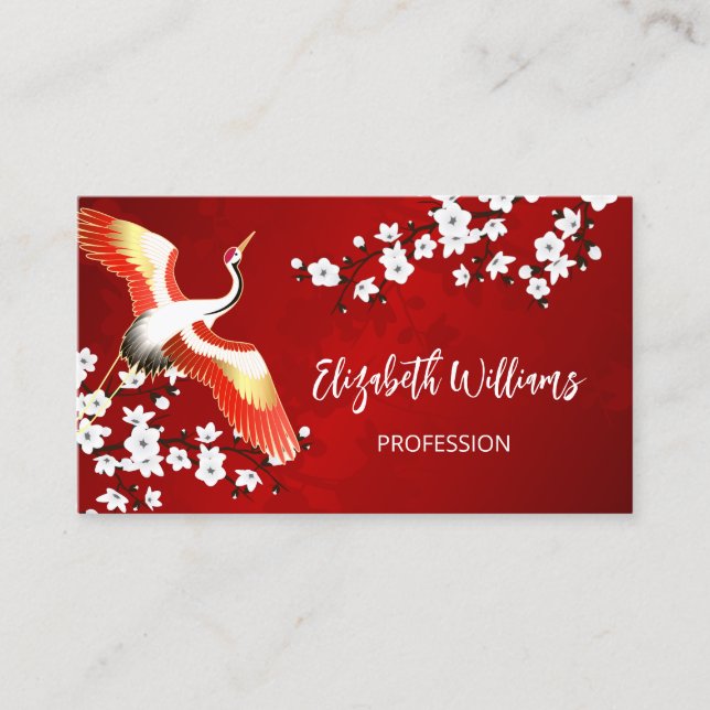 QR Code | Japanese Crane Red Business Card (Front)