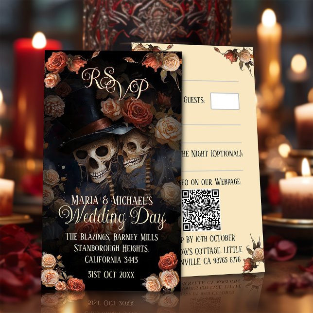 QR Code Kissing Skeletons RSVP Gothic Wedding Enclosure Card (Creator Uploaded)