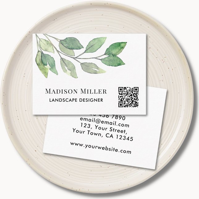 QR Code Landscape Designer Watercolor Greenery Business Card (Creator Uploaded)