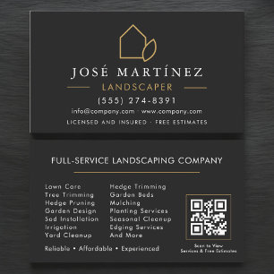 QR Code Landscaper Lawn Service Black & Gold Business Card