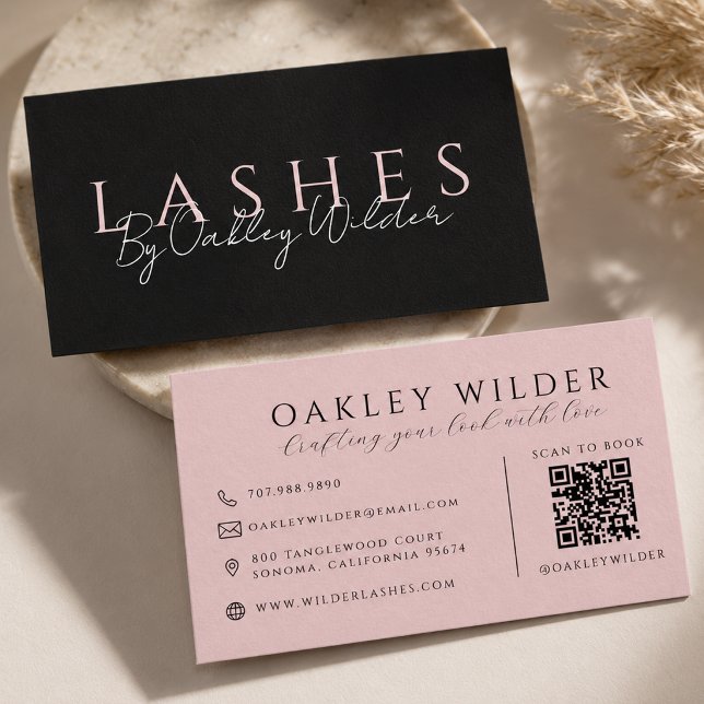 QR Code Lash Technician Blush Pink Black Business Card (Creator Uploaded)