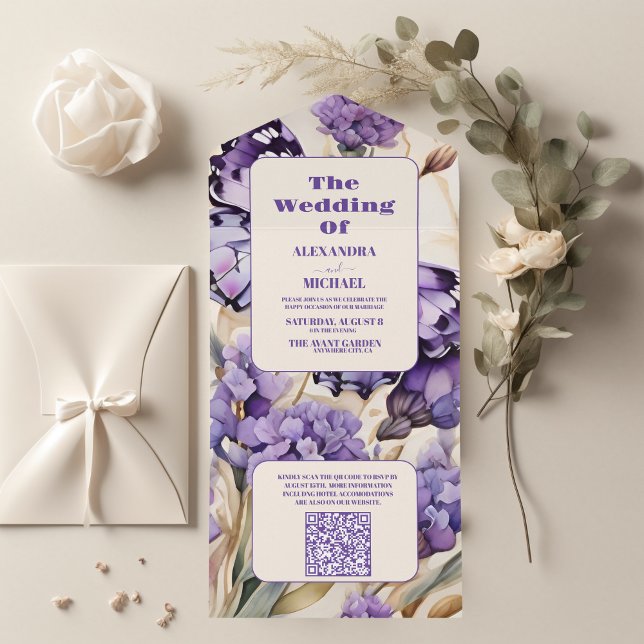 QR Code Lavender Purple Floral Elegant Wedding All In One Invitation (Creator Uploaded)