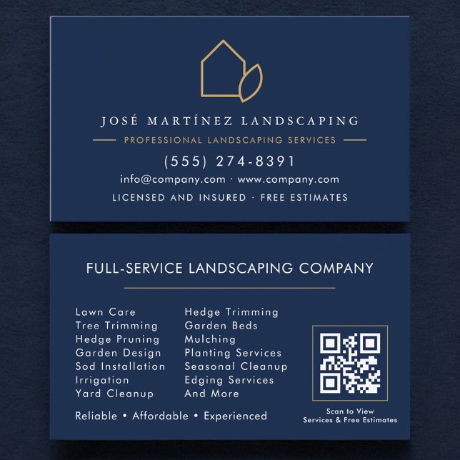 QR Code Lawn Service Landscaper Navy Blue Gold Business Card (Creator Uploaded)