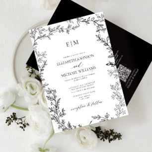 QR Code Leaf Black White Elegant Monogram Wedding Invitation