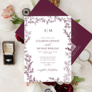 QR Code Leaf Burgundy Elegant Monogram Wedding  Invitation