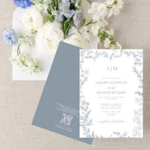 QR Code Leaf Dusty Blue Elegant Monogram Wedding Invitation