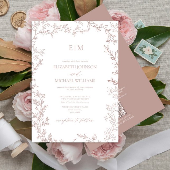 QR Code Leaf Dusty Rose Elegant Monogram Wedding Invitation (Creator Uploaded)