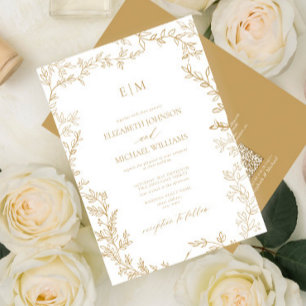 QR Code Leaf Gold Elegant Monogram Wedding Invitation