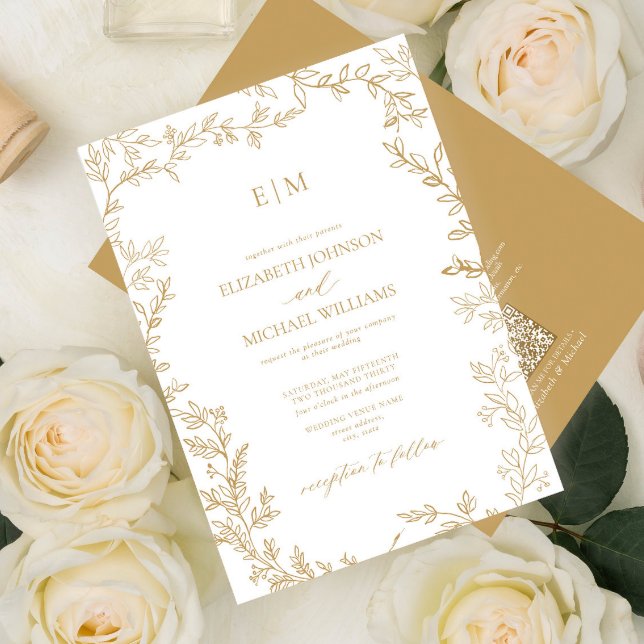 QR Code Leaf Gold Elegant Monogram Wedding Invitation (Creator Uploaded)