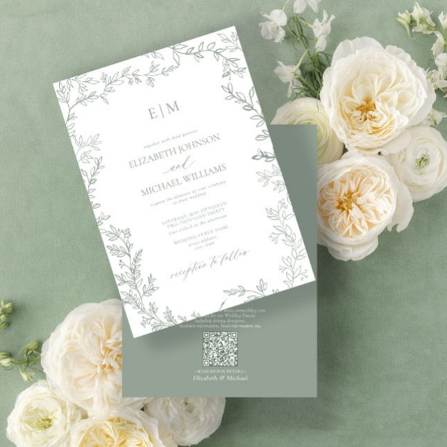 QR Code Leaf Sage Green Elegant Monogram Wedding Invitation (Easily personalize this bestselling sage green invitation for the perfect wedding!)