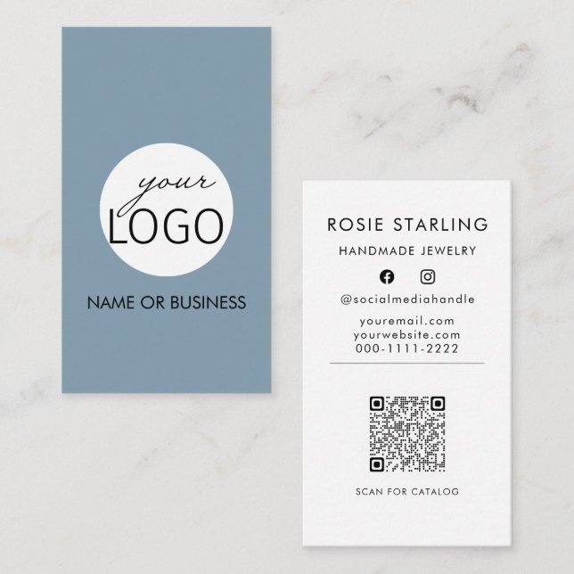 QR Code Light Blue Professional Logo Vertical Business Card (Front/Back)