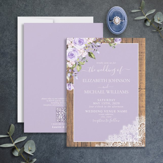 QR Code Lilac Lavender Rustic Wood Lace Wedding Invitation (Creator Uploaded)