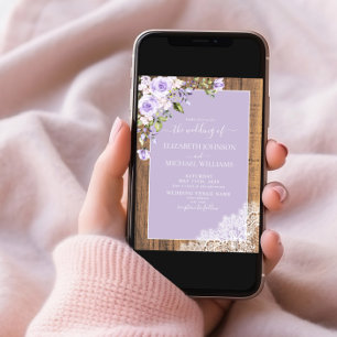 QR Code Lilac Lavender Rustic Wood Lace Wedding Invitation