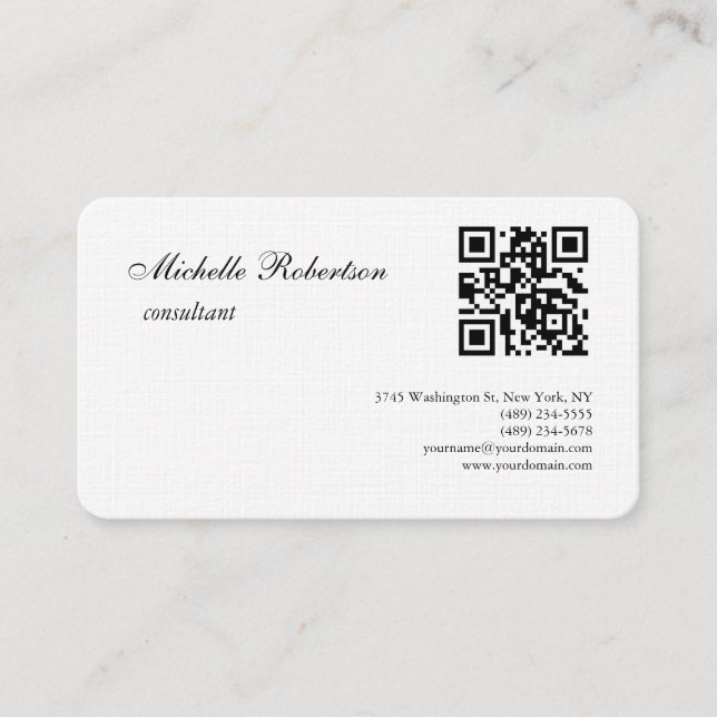 QR Code Linen Black White Plain Minimalist Business Card (Front)