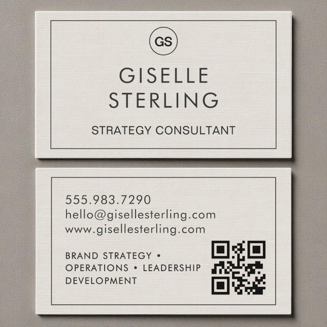 QR Code Linen Monogram Modern Business Card (Creator Uploaded)
