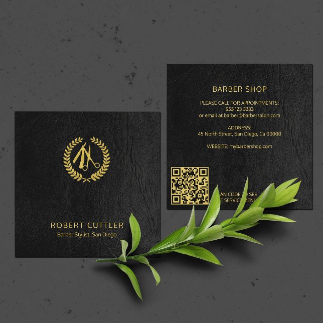 QR CODE logo barber stylist elegant black gold Square Business Card (Creator Uploaded)