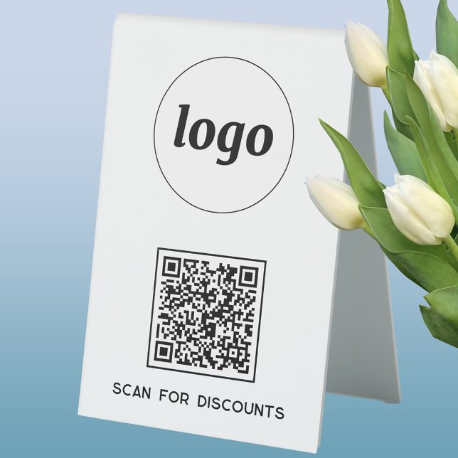 QR Code Logo Business Scan for Discounts (Simple logo with custom text business branding promotional QR code table tent sign)