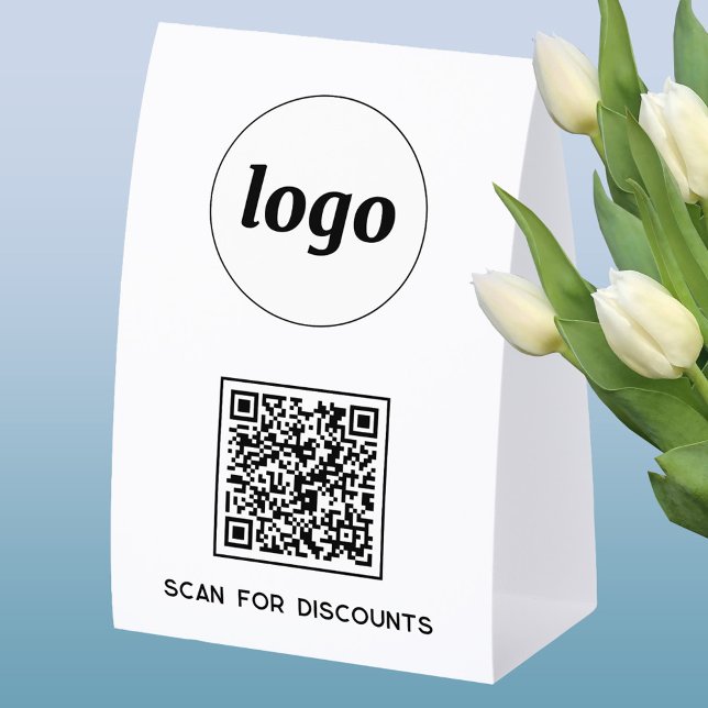 QR Code Logo Business Scan for Discounts (Simple logo with custom text business branding promotional QR code table tent sign)