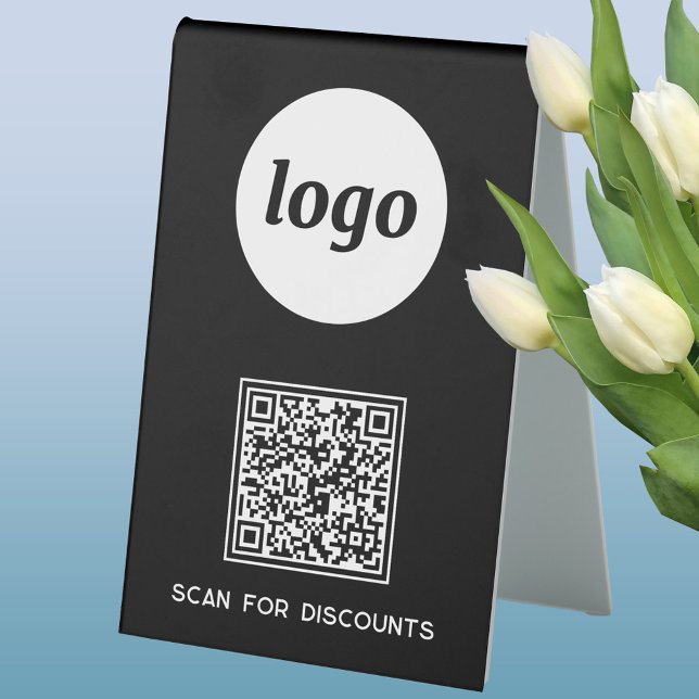 QR Code Logo Business Scan for Discounts Black (Simple logo with custom text business branding promotional QR code table tent sign)