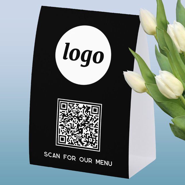 QR Code Logo Business Scan for Menu (Simple logo with custom text business branding promotional QR code table tent sign )