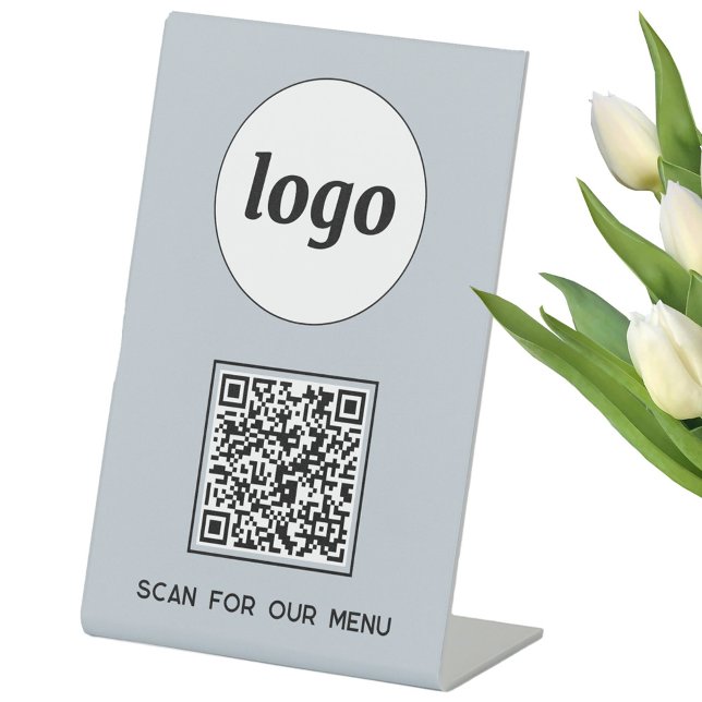 QR Code Logo Business Scan for Menu Light Blue Pedestal Sign (Logo with custom text and QR code light dusty powder blue business Scan for Menu pedastal sign)